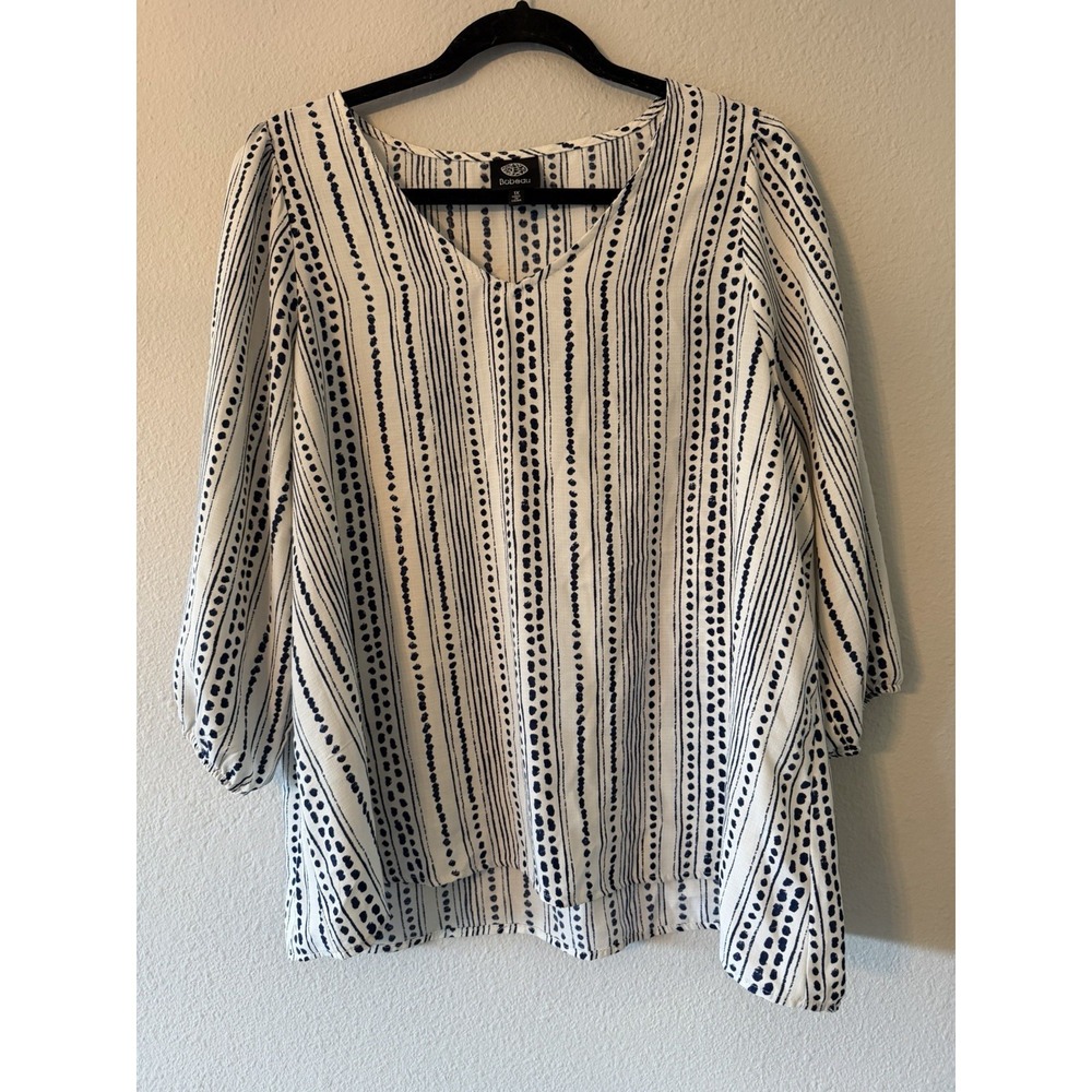 Bobeau Woman'sV-neck 3/4 Balloon Sleeve Striped Polka Dot Blouse Light Weight 1X